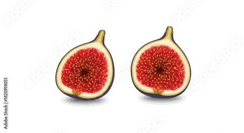 Two halves of a fig their juicy interiors exposed