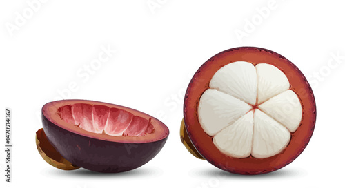 Two halves of a mangosteen fruit revealing juicy segments within the dark purple rind