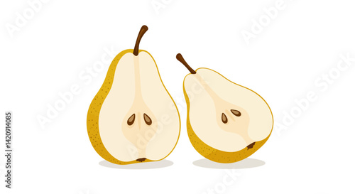 Two halves of pears sidebyside revealing seeds on a white backdrop