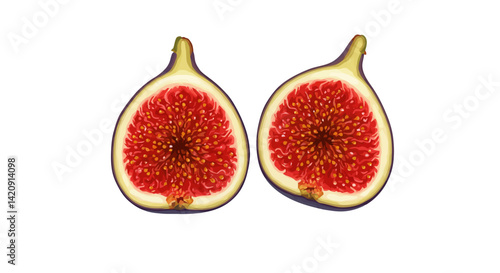 Two halves of a ripe fig showcasing its juicy red interior nestled on a white backdrop