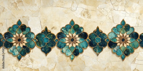 Decorative border features turquoise floral designs against a stone background