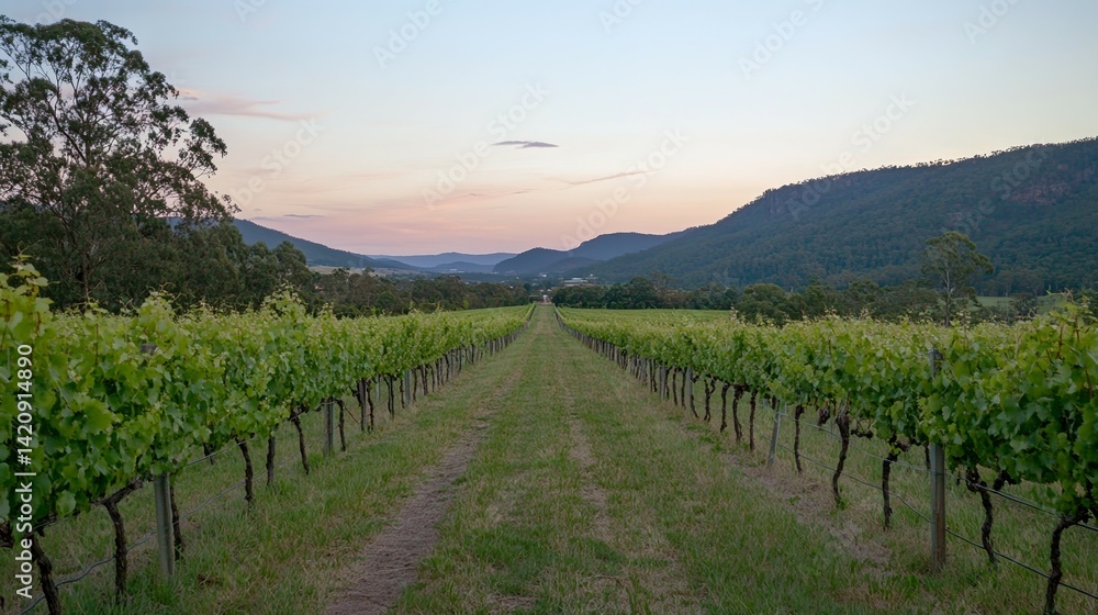 Fototapeta premium Serene Vineyard Rows at Sunset: A Pastoral Landscape Painting