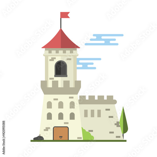 Flat design illustration of a medieval castle with towers, flags, and a fortified structure. This vector features a charming and clean architectural style.
