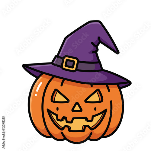 Halloween pumpkin wearing a witch's hat with a mischievous grin  