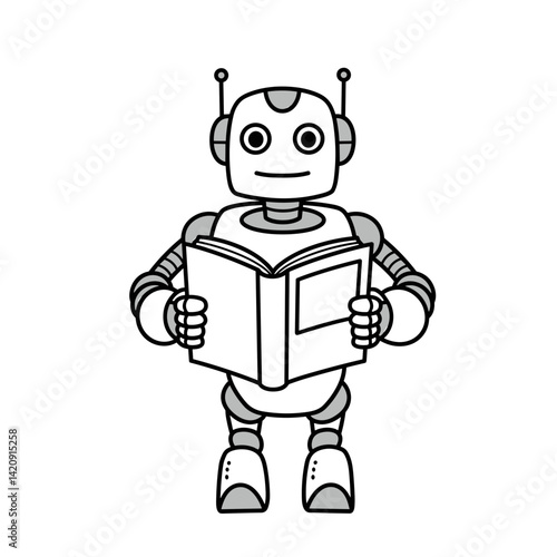 Cartoon robot reading a book in a simple line art style  