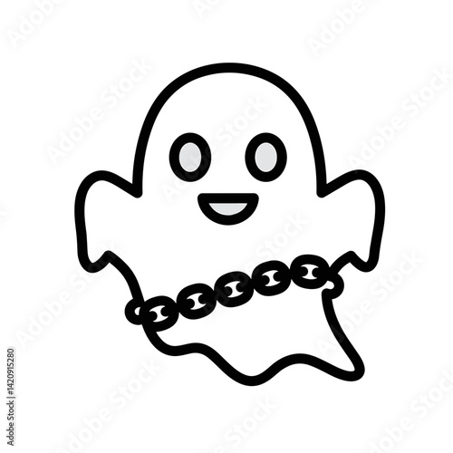 Cute ghost character smiling with chains in simple outline style  