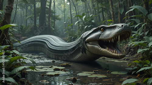 Titanoboa The Colossal Prehistoric Snake Lurking in the Primeval Swamps   An Ominous Glimpse into the Ancient World of Megafauna Predators Thriving in Lush Untamed Environments