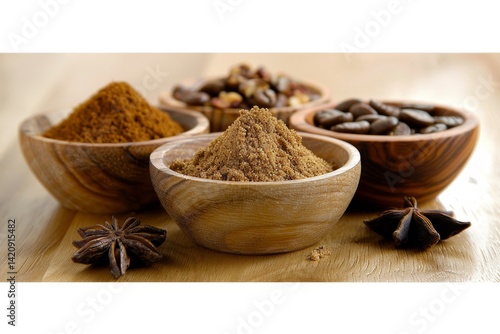 Elegant food background featuring roasted coffee beans, ground coffee, and anise in dishes