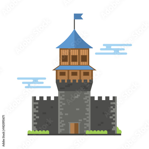 Flat design illustration of a medieval castle with towers, flags, and a fortified structure. This vector features a charming and clean architectural style.