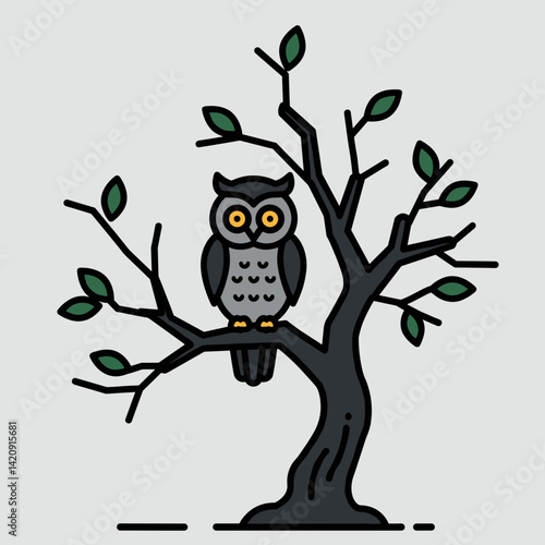 Owl perched on a leafless tree against a simple background  