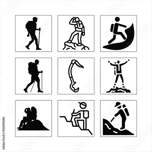 Hiking And Mountaineering Icons Set Trekking Adventure Climbing Pictograms Adventure Activity