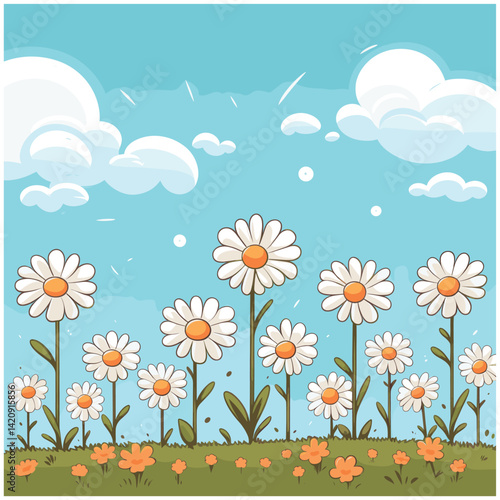 Cute White Daisy Repeat Pattern with Soft Blue Backdrop