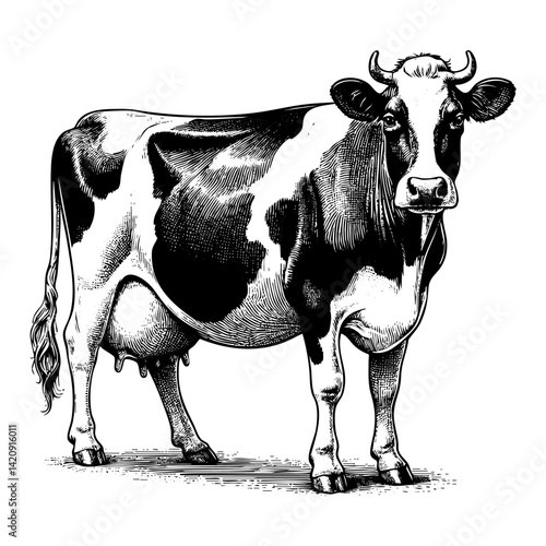 Dairy cow sketch engraving black and white outline. Scratch board imitation.  illustrated in vintage line art style on a white background.