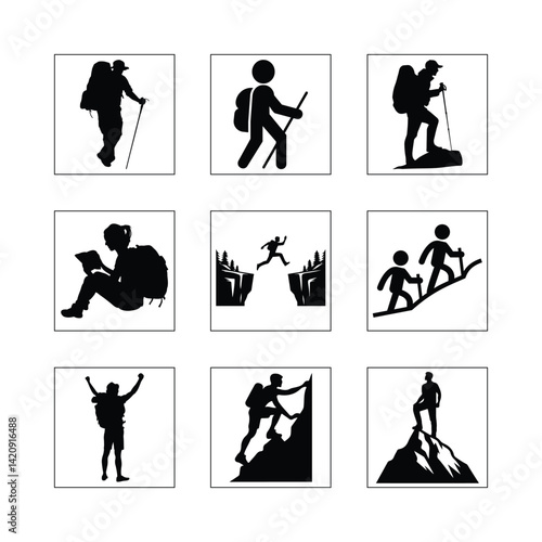Mountaineering And Hiking Black Silhouette Icons Featuring People In Various Outdoor Activities