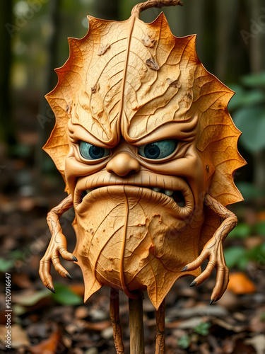 The grimacing face of dried leaf mascot, nervousness, embarrassment, or awkwardness