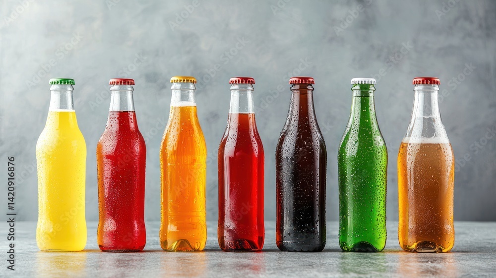 A collection of various bottled drinks in a row, evenly spaced on a neutral gray background.