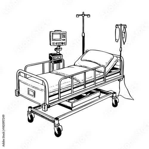 Hospital bed sketch engraving black and white outline. Scratch board imitation.  illustrated in vintage line art style on a white background.