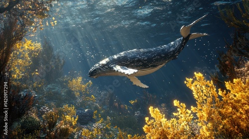 Humpback whale swims kelp forest ocean sun rays