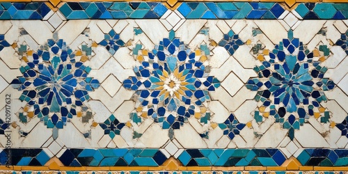 Intricate floral mosaic design featuring blue and yellow tiles