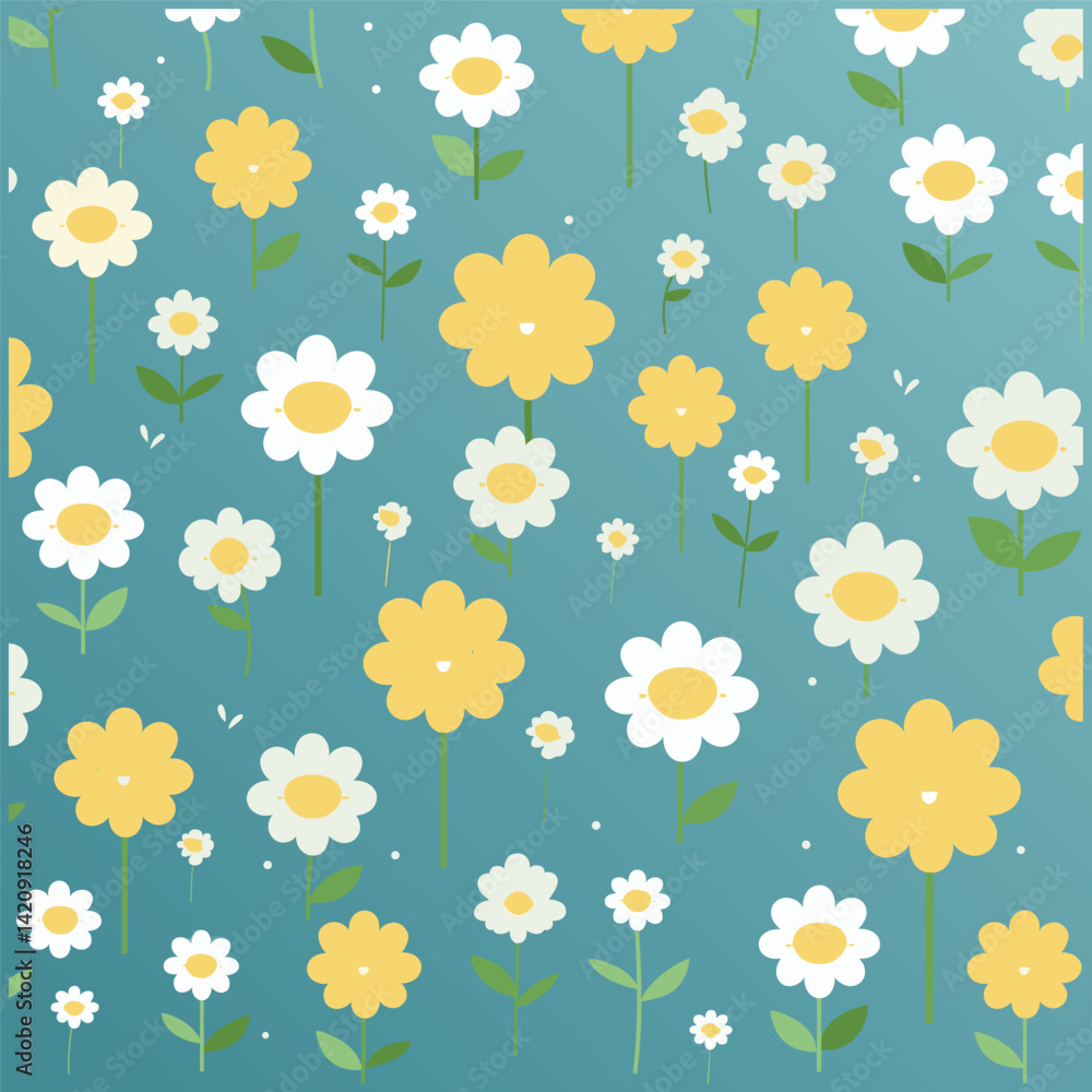 Minimalist Daisy Flower Pattern on Blue Soft Focus Background Minimalist Daisy Flower Pattern on Blue Soft Focus Background