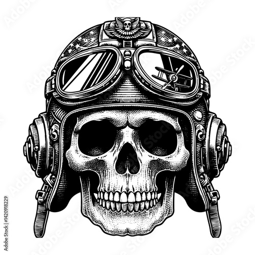 Skull wears retro pilot helmet engraving black and white outline. Scratch board imitation. illustrated in vintage line art style on a white background.
