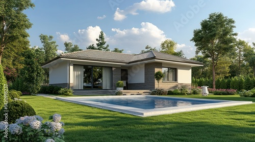 A modern house with a swimming pool and a lush green lawn, blue sky, sunny day, 