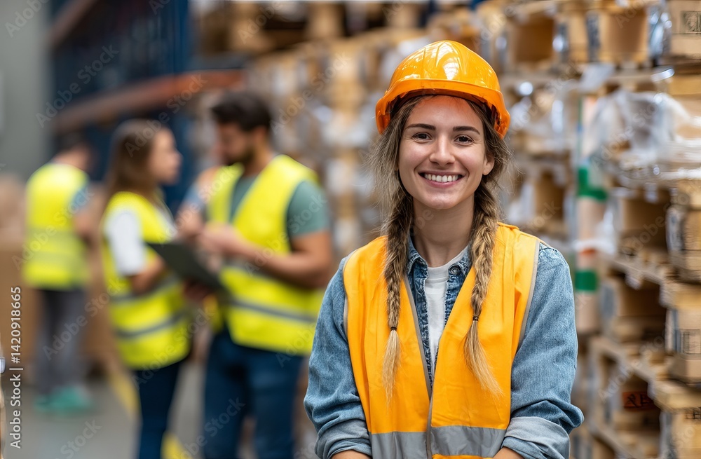 Warehouse Worker Smiles Confidently in Hard Hat and Safety Vest, Demonstrating Industrial Job Satisfaction. Warehouse Worker Smiles Confidently in Hard Hat and Safety Vest, Demonstrating Industrial Job Satisfaction.