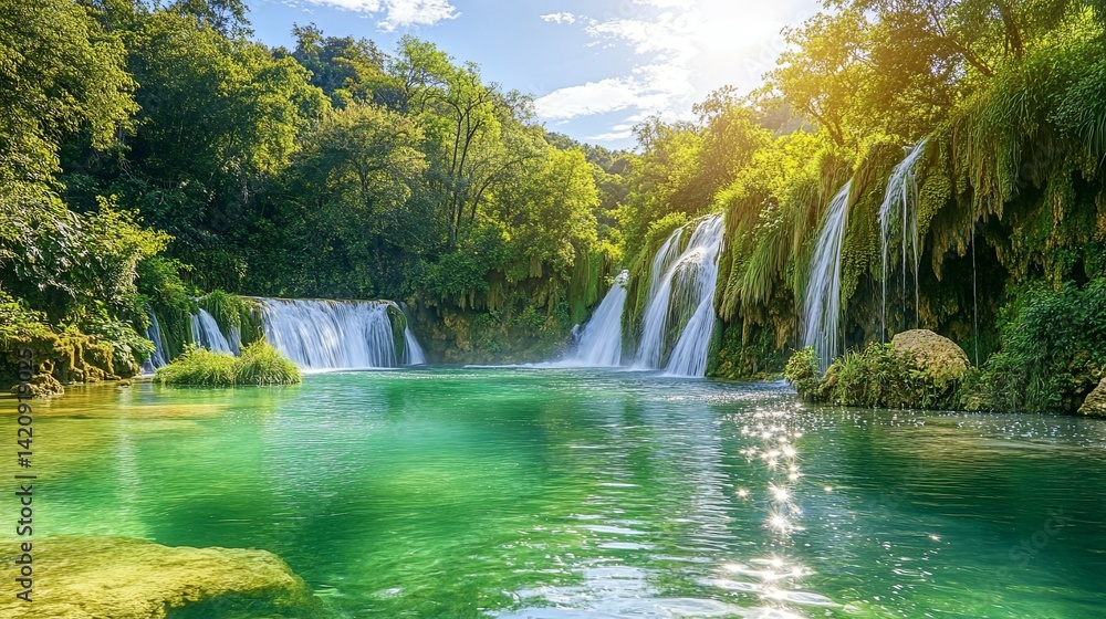 Obraz premium Serene Waterfall Paradise: Lush Greenery, Cascading Water, and Sunlit Tranquility