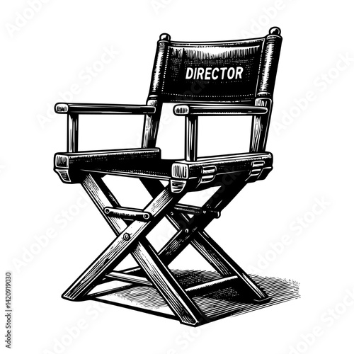 Director chair sketch engraving black and white outline. Scratch board imitation.  illustrated in vintage line art style on a white background.