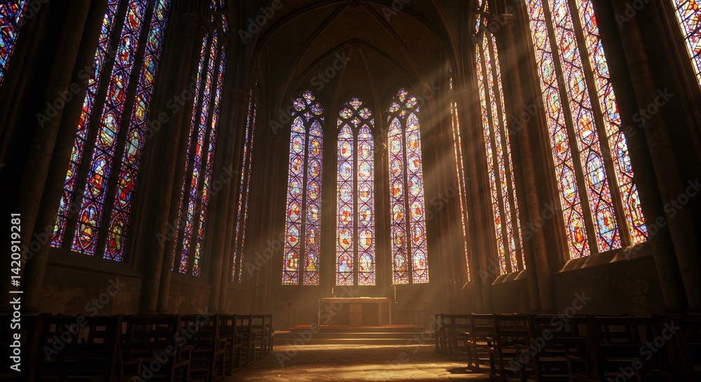 Obraz premium Sunlit Gothic Chapel: A Breathtaking View of Stained Glass and Divine Light