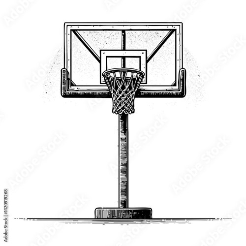 Basketball ring sketch engraving black and white outline. Scratch board imitation.  illustrated in vintage line art style on a white background.