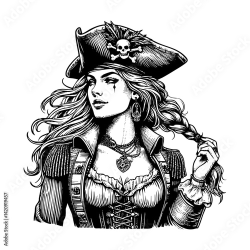 Pirate woman sketch engraving black and white outline. Scratch board imitation.  illustrated in vintage line art style on a white background.