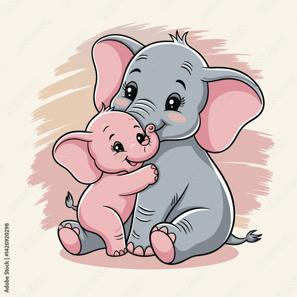 Fototapeta premium Cute Illustration of Mother and Baby Elephants