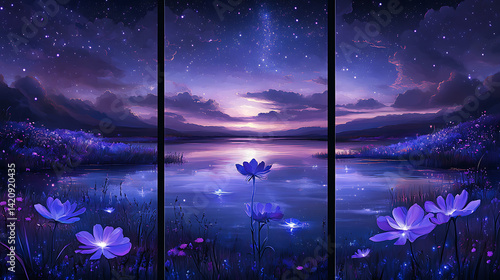 Set of three vertical fantasy banners showing a surreal night sky with glowing flowers, starry reflections, and magical purple-blue landscapes