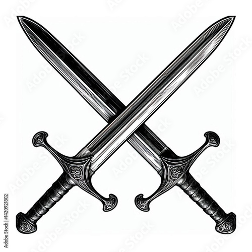 two swords crossed sketch engraving black and white outline. Scratch board imitation.