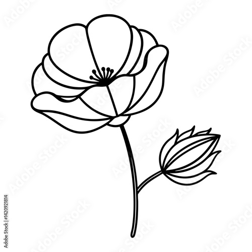 
Line art of a poppy flower with curved stem and broad petals vector illustration