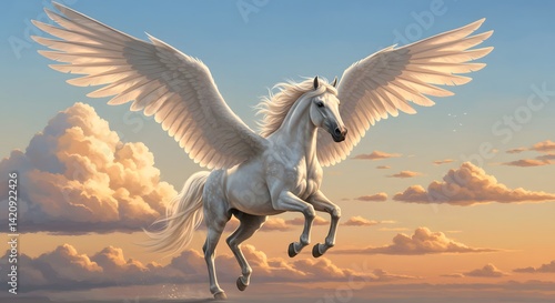 Majestic Pegasus Soaring Through Golden Sunset Clouds: A Fantasy Art Masterpiece