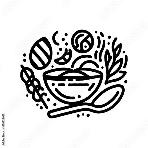 African Food Platter Outline with Ingredients and Spoon  