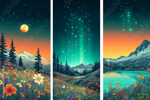 Set of three vertical posters featuring seasonal landscapes: spring meadows with blooming flowers, summer coastline with turquoise waters, and a snowy winter forest under northern lights