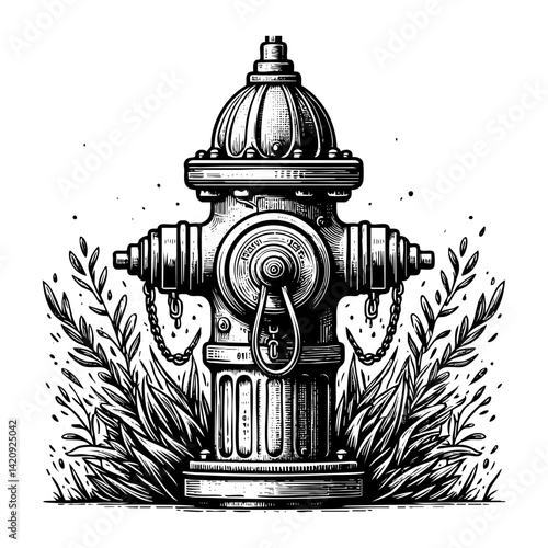 Water hydrant engraving black and white outline. Scratch board imitation.  illustrated in vintage line art style on a white background.
