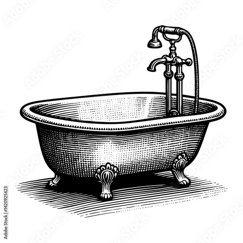 Bathtub sketch engraving black and white outline. Scratch board imitation.  illustrated in vintage line art style on a white background.