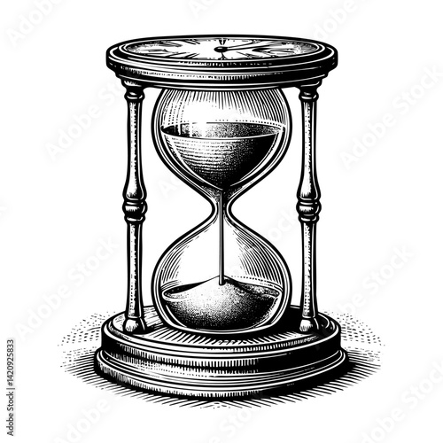 Hourglass sketch engraving black and white outline. Scratch board imitation.