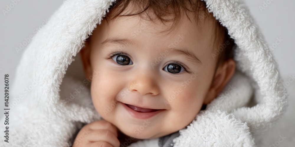 Baby with a smile, wrapped in a soft white towel Baby with a smile, wrapped in a soft white towel