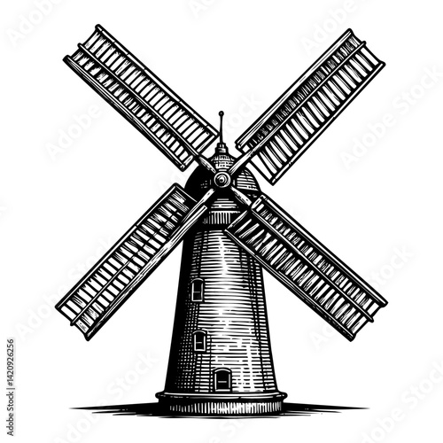 dutch windmill in farmland sketch engraving black and white outline. Scratch board imitation.