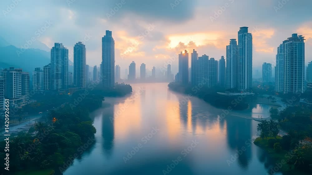 Majestic Skyline Reflected in Tranquil River at Sunset Majestic Skyline Reflected in Tranquil River at Sunset