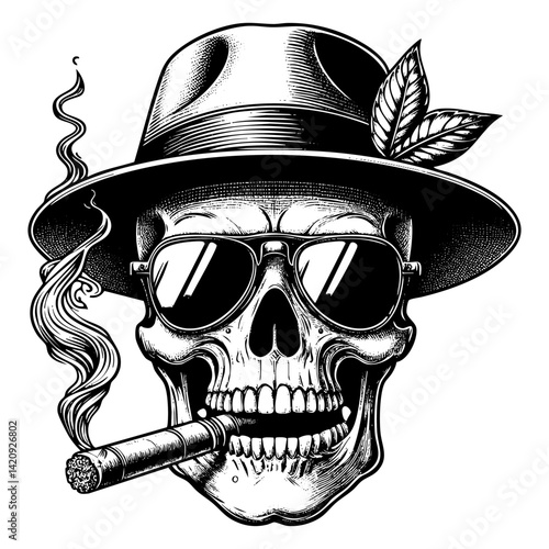 Skeleton wear top hat and sunglasses with cigar in its mouth sketch engraving black and white outline. Scratch board imitation.  illustrated in vintage line art style on a white background.