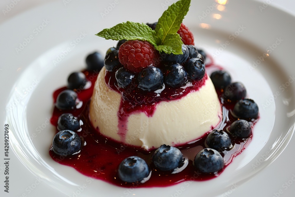 panna cotta dessert topped with fresh blueberries and raspberry sauce, garnished with mint leaves, presented elegantly on a white plate, creating a visually appealing and appetizing dessert panna cotta dessert topped with fresh blueberries and raspberry sauce, garnished with mint leaves, presented elegantly on a white plate, creating a visually appealing and appetizing dessert