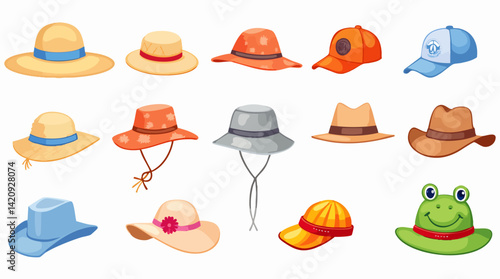 Vector set of sun hats, caps, and visors