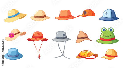 Vector set of sun hats, caps, and visors