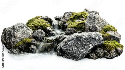 Tranquil Waterfall with Rocks and Green Moss in Nature Setting